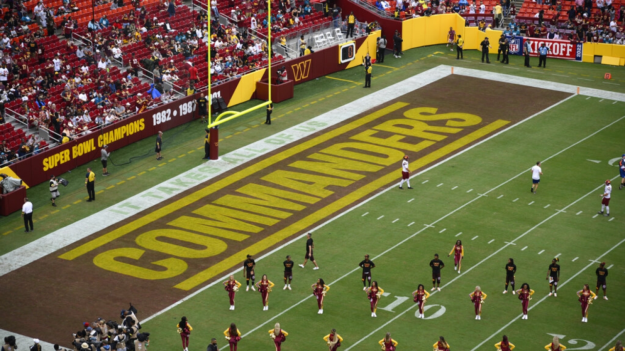 The Washington Commanders logo is seen in the end zone before a NFL football game.