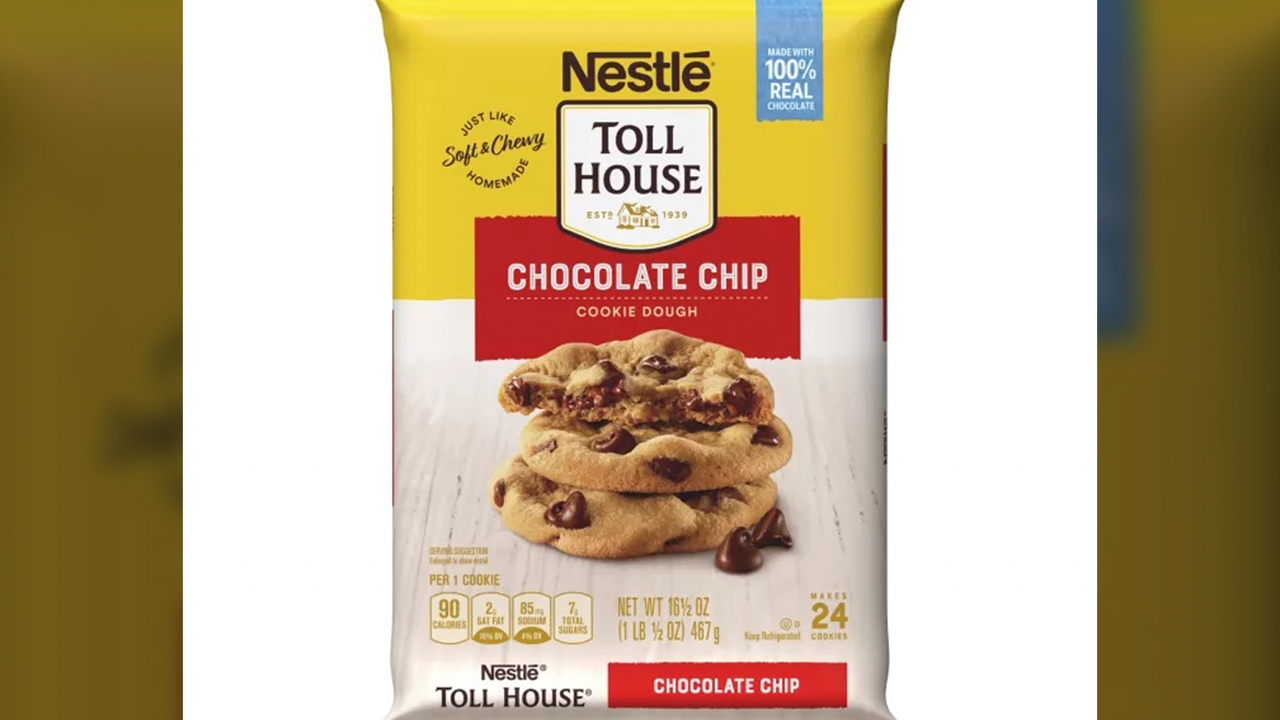 A NESTLÉ® TOLL HOUSE chocolate chip cookie dough product is shown.