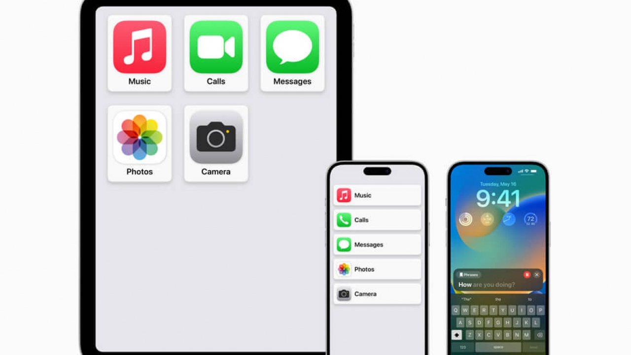 Apple’s new accessibility features shown on devices, including Assistive Access and Live Speech.