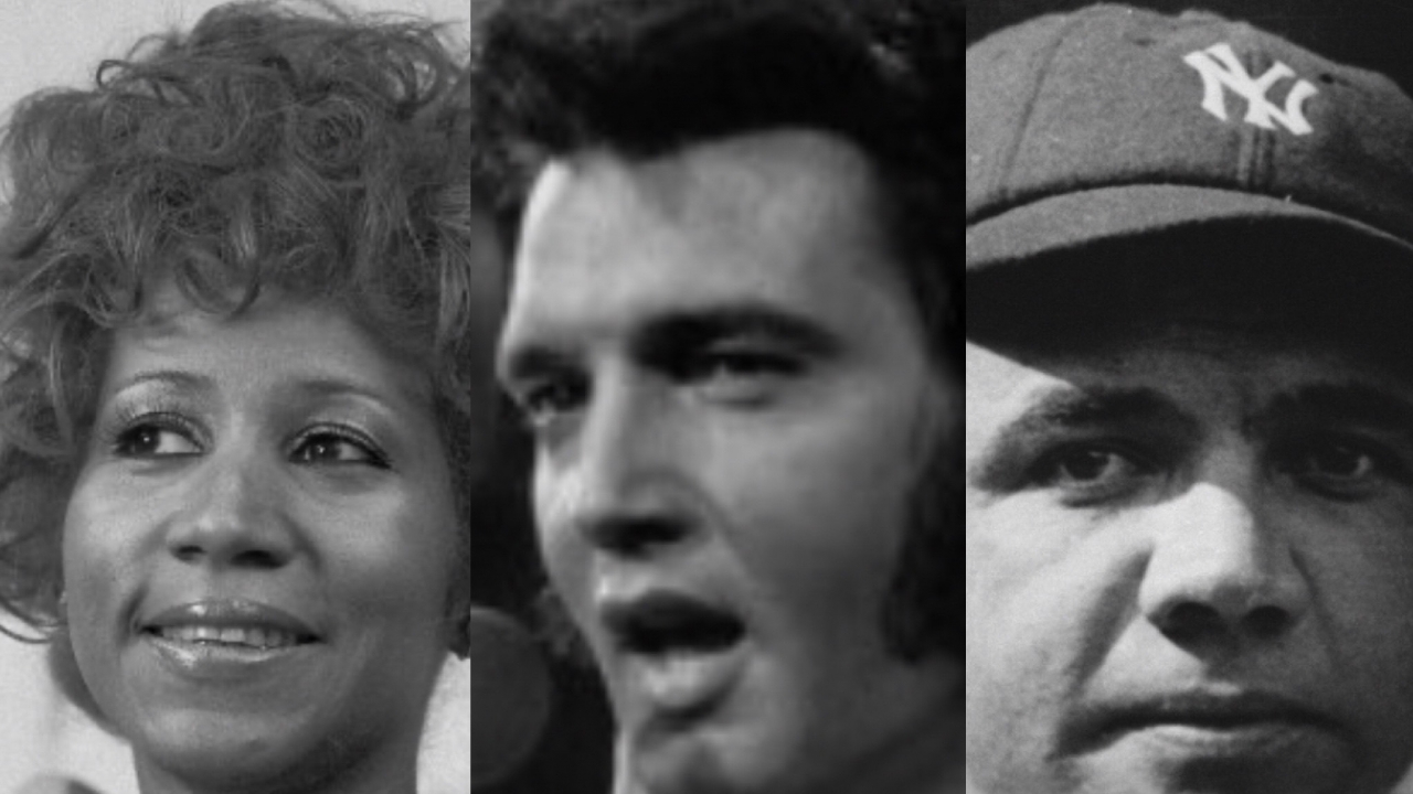 Side-by-side photos of Aretha Franklin, Elvis Presley and Babe Ruth.