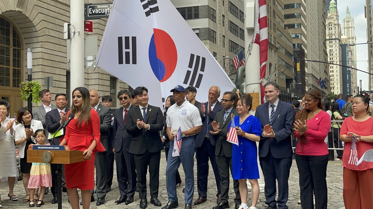 Flag raising honoring Korean Independence Day in Manhattan.