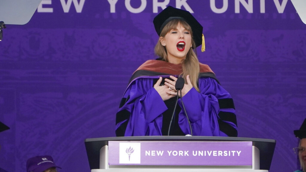 Taylor Swift speaks during a graduation ceremony for New York University.