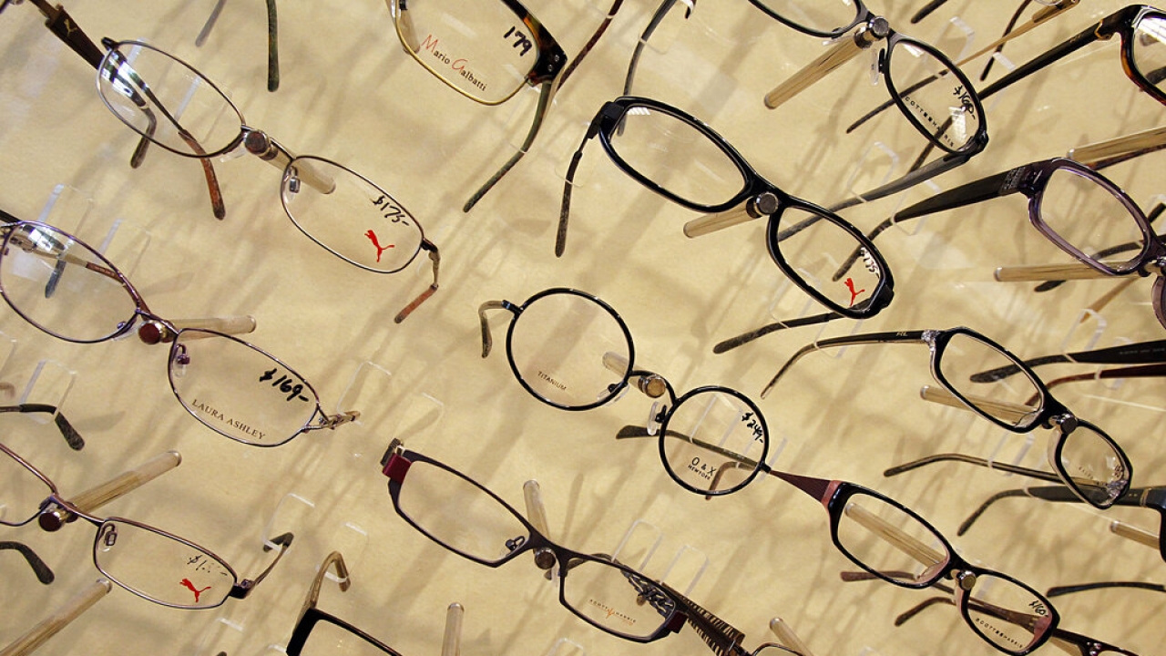 Eyeglasses in display case.