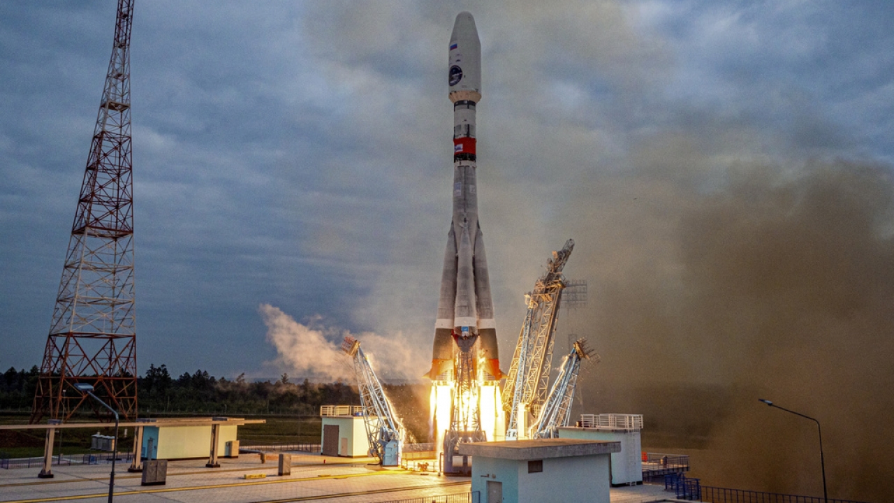 Russia's moon lander takes off from a launch pad