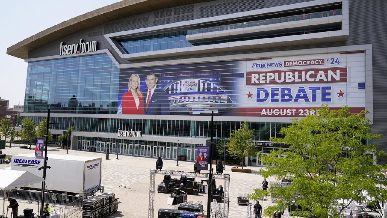 The Fiserv Forum is seen as set up continues for the upcoming Republican presidential debate.