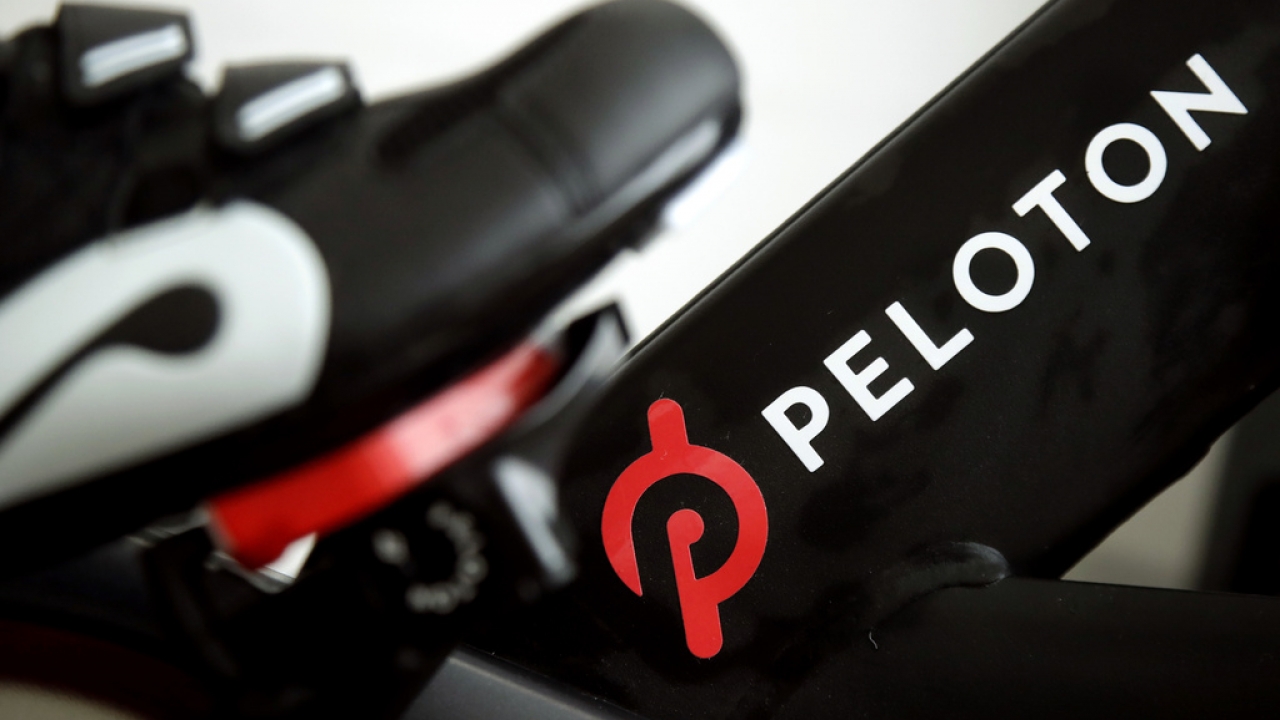 Peloton logo seen on a bike.
