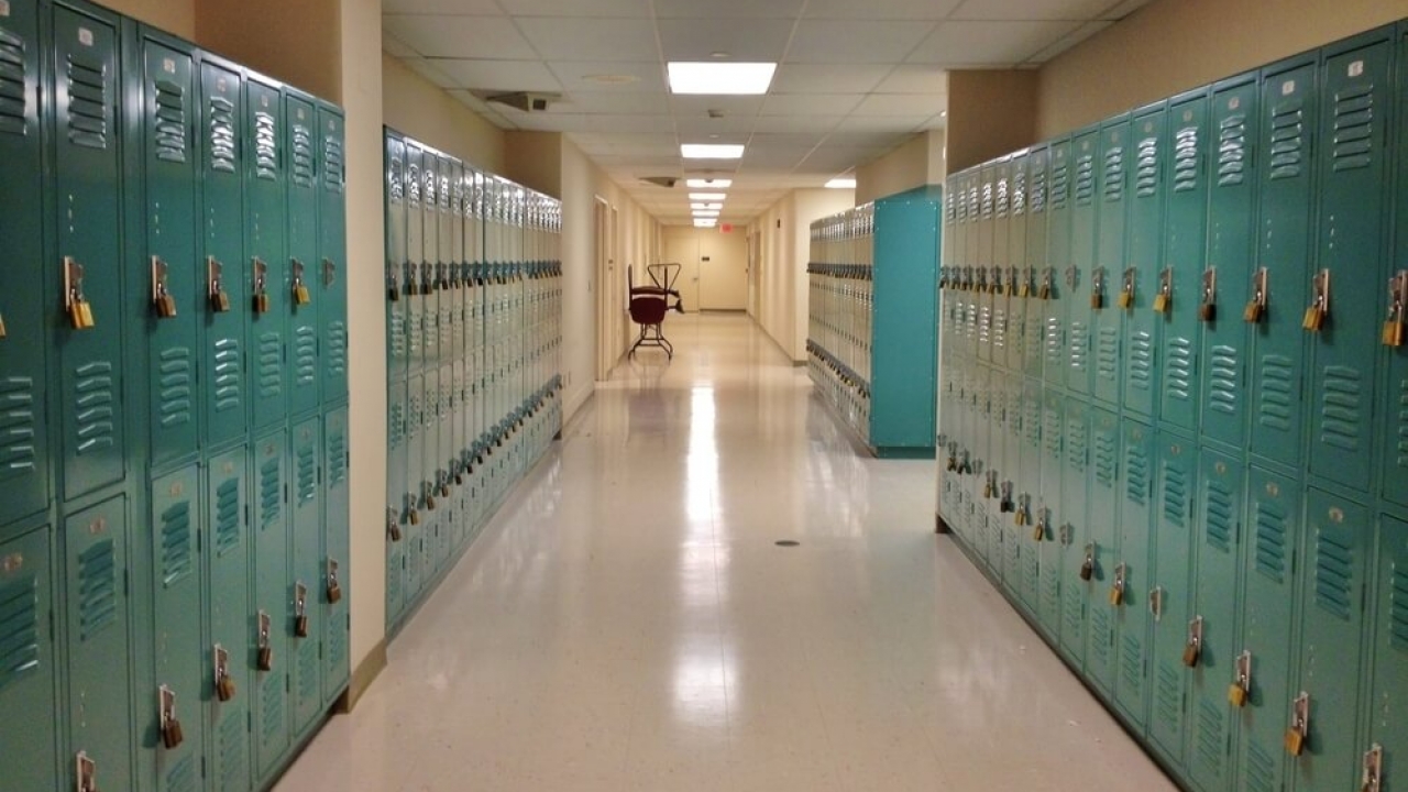 Empty school hallway.
