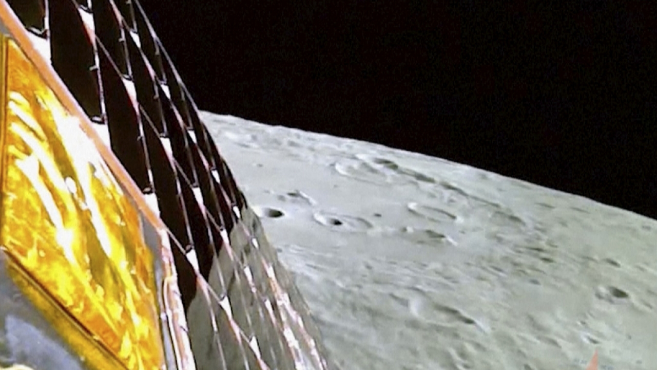 The surface of the moon as the Chandrayaan-3 spacecraft prepares for landing.
