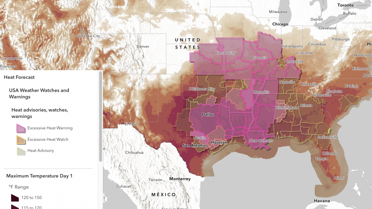 A map showing active heat warnings in the U.S.