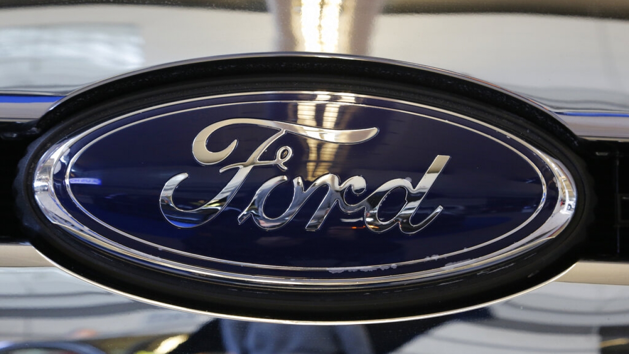This is the Ford logo on the grill of a 2016 Ford F250.