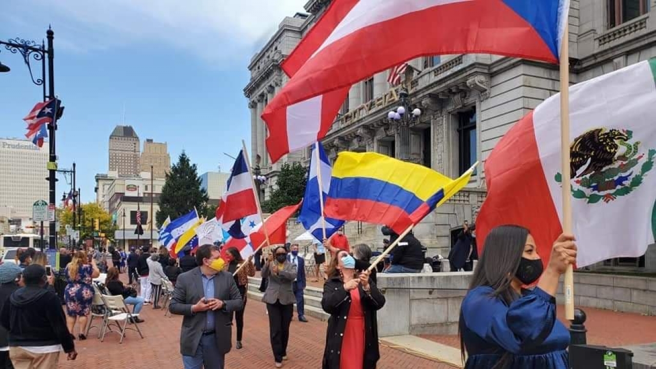 Flag raising ceremony to celebrate Hispanic Heritage Month in Newark, New Jersey.