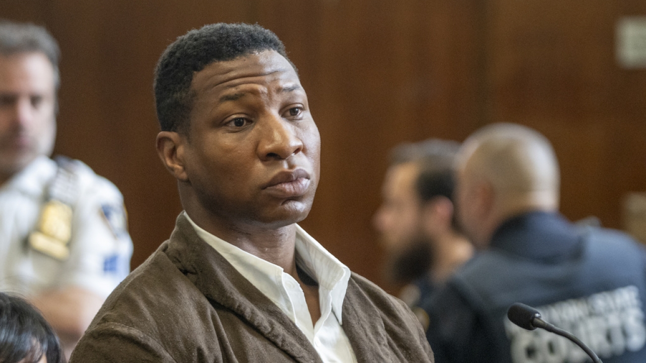 Jonathan Majors is seen in court during a hearing in his domestic violence case.