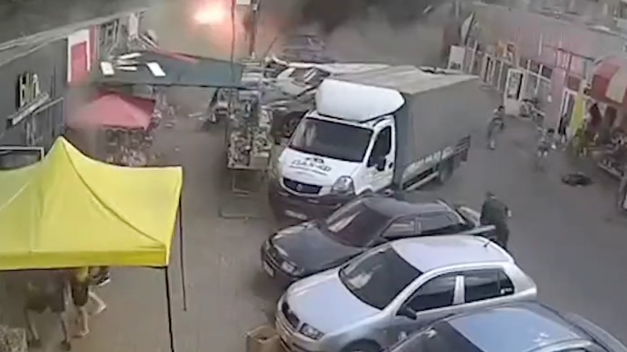 Screenshot of video capturing a blast at a Ukraine market.