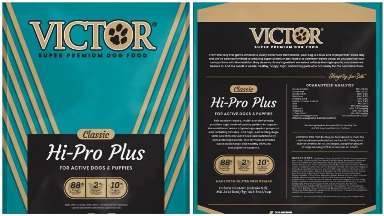 Victor Super Premium Dog Food labels