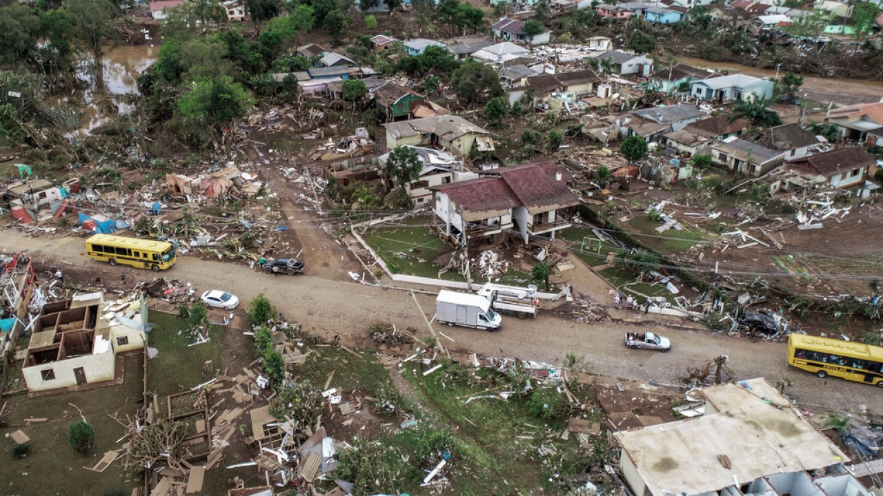 An aerial view of homes destroyed by a deadly cyclone in Brazil.