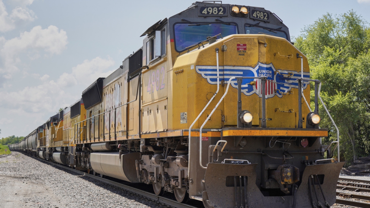 A Union Pacific train travels through Union, Nebraska.