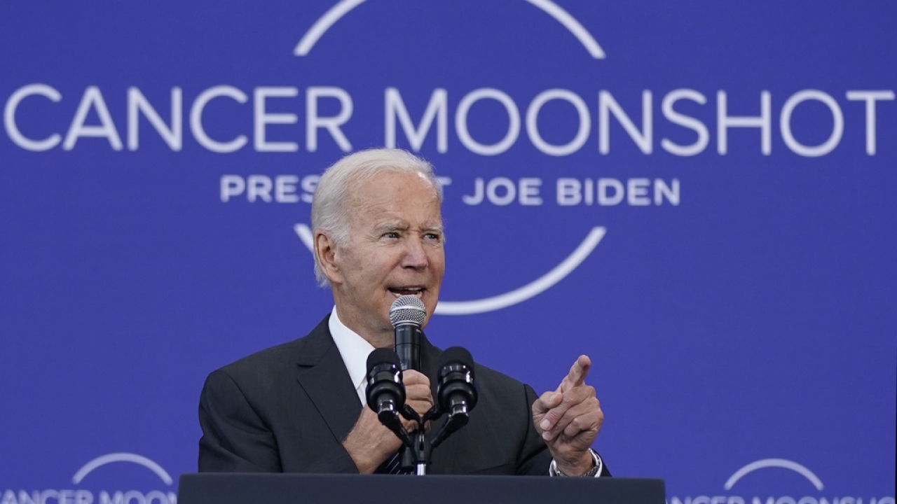 President Joe Biden speaks on the cancer moonshot initiative at the John F. Kennedy Library and Museum.