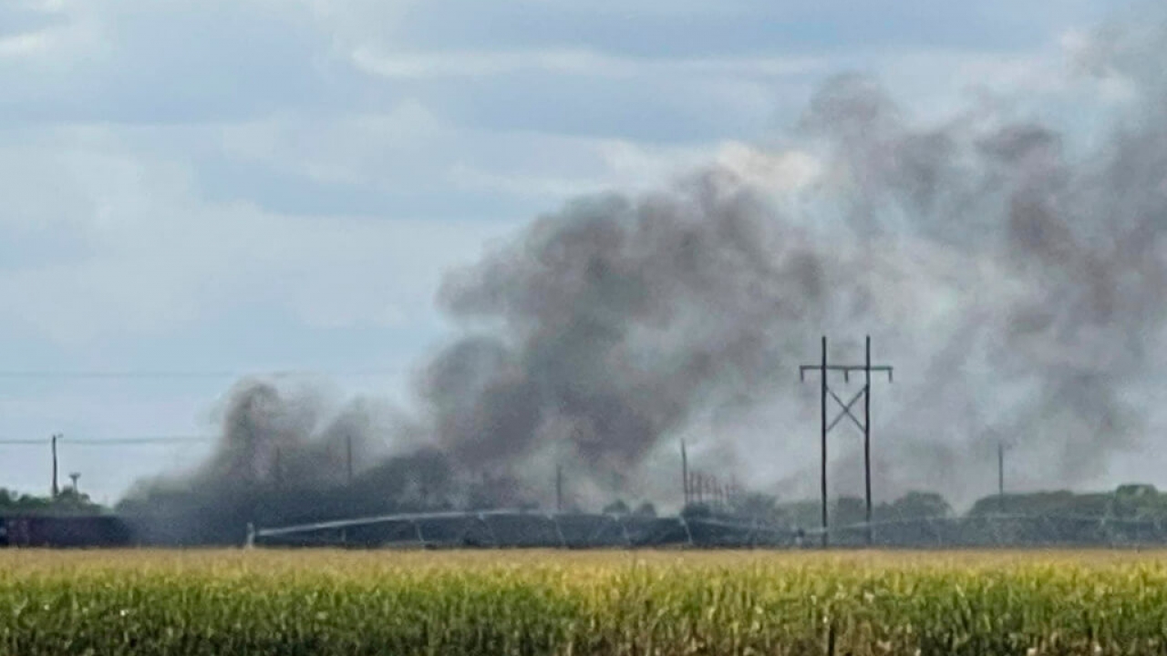 Smoke rises after an explosion at Union Pacific's Bailey Yard
