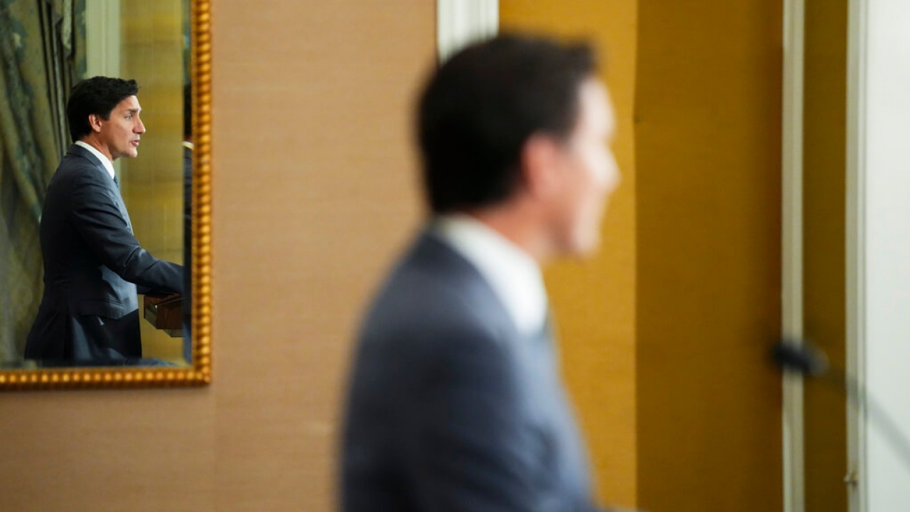 Canada Prime Minister Justin Trudeau is reflected in a mirror