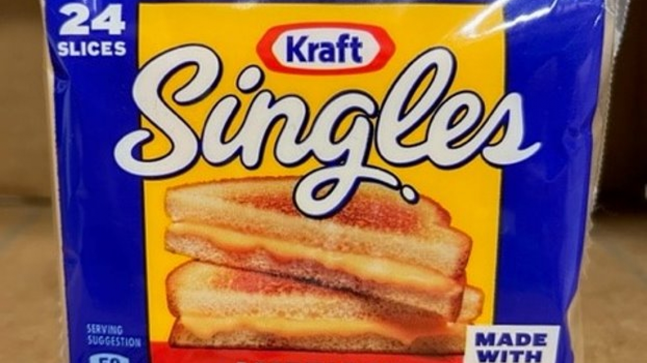 Package of Kraft Singles American processed cheese.
