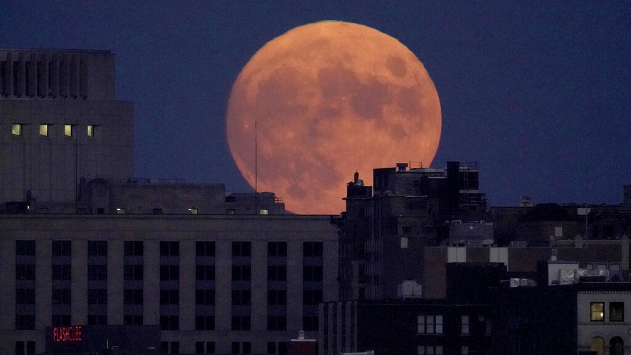The full harvest moon rises behind downtown buildings.