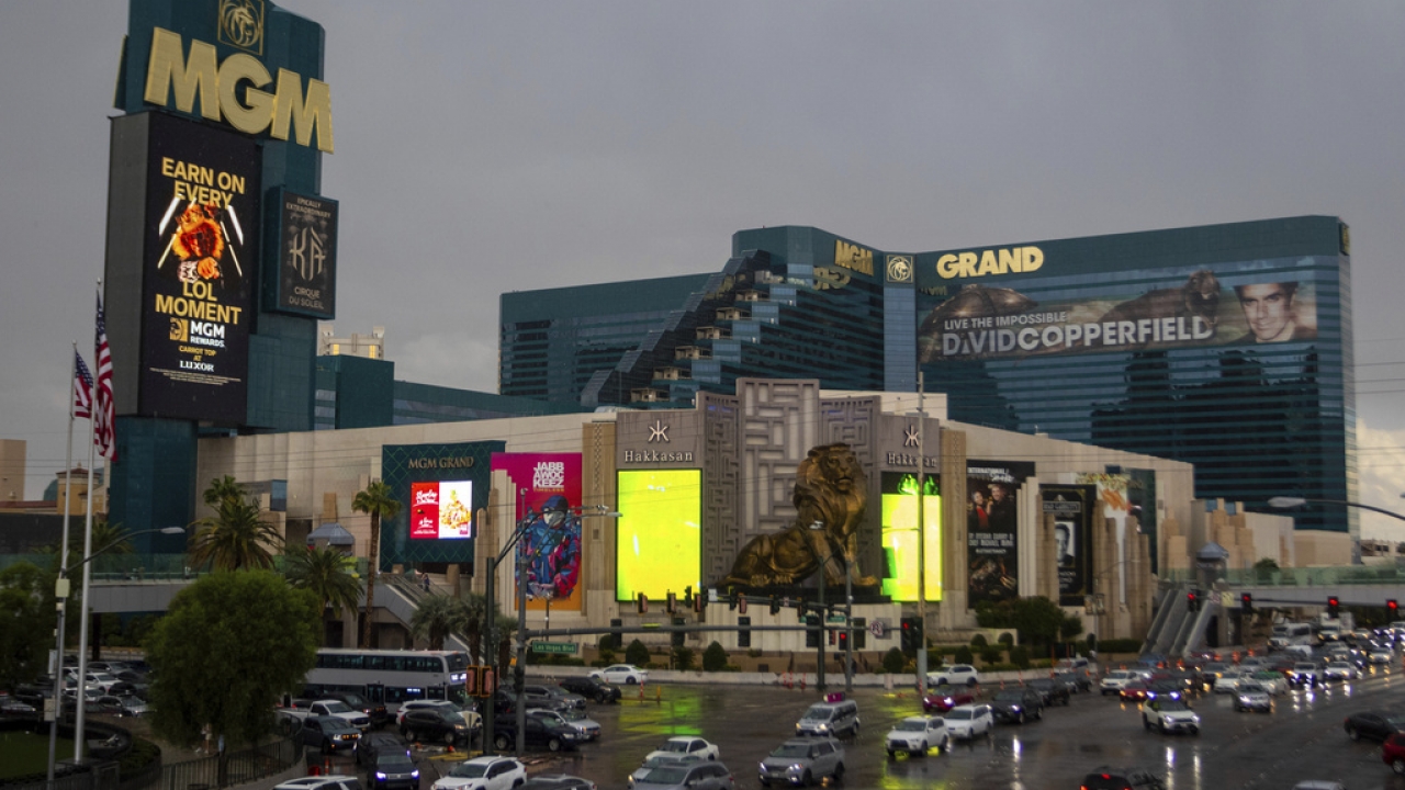 Cars pass the MGM Grand hotel-casino