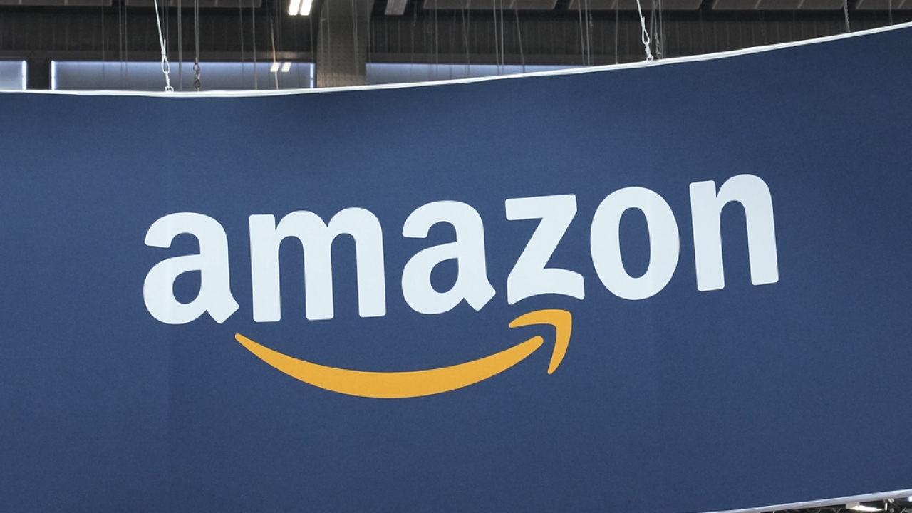 The Amazon logo is photographed at the Vivatech show in Paris.