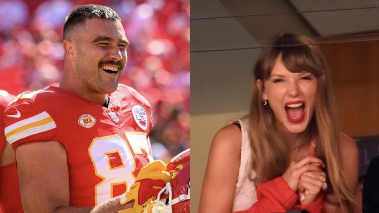 Kansas City Chiefs tight end Travis Kelce, left, and pop star Taylor Swift, right.