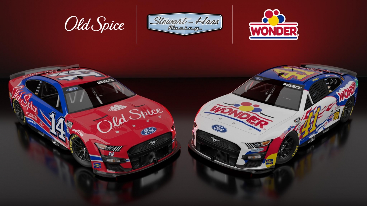 Two NASCAR vehicles side-by-side with "Talladega Nights" inspired paint jobs.