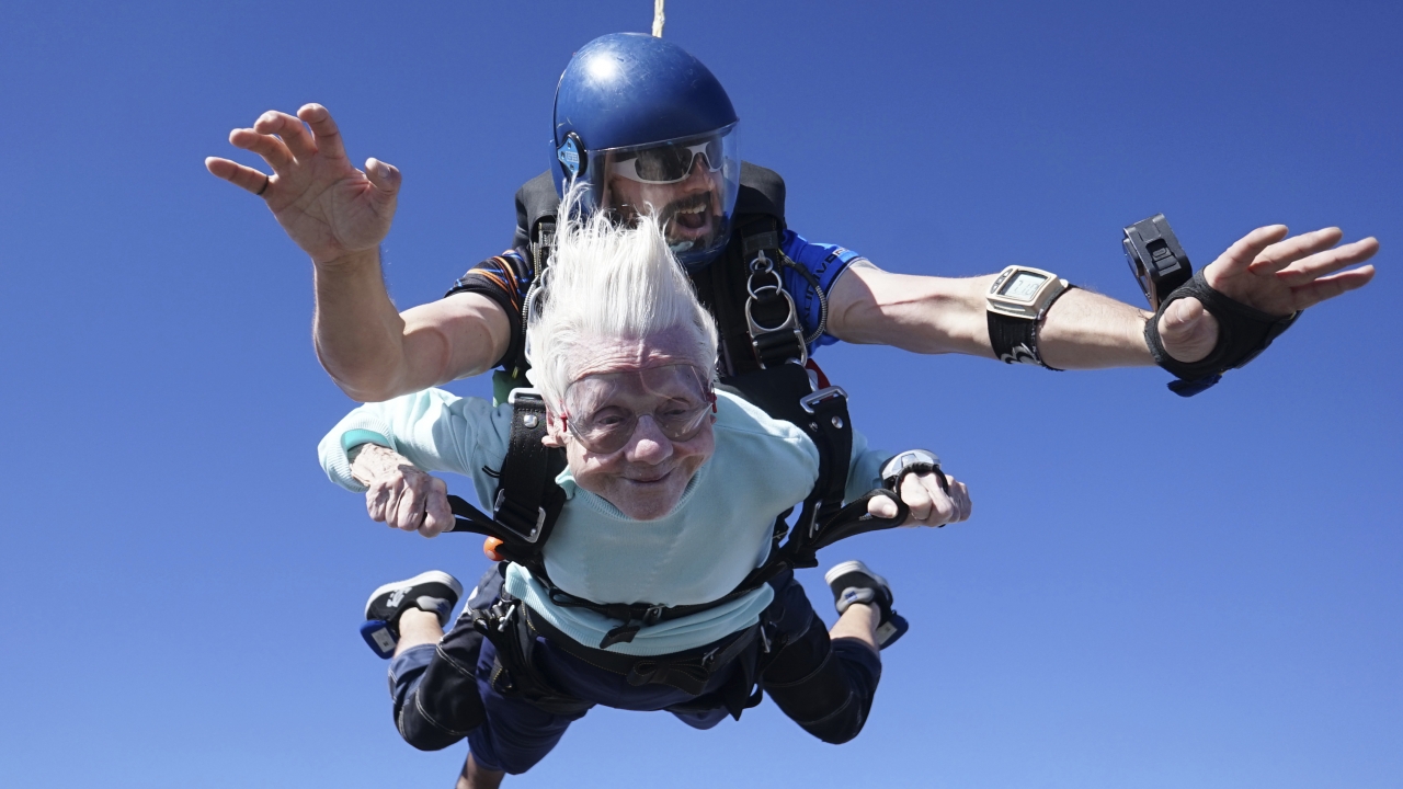Dorothy Hoffner, 104, on her historic skydive jump.