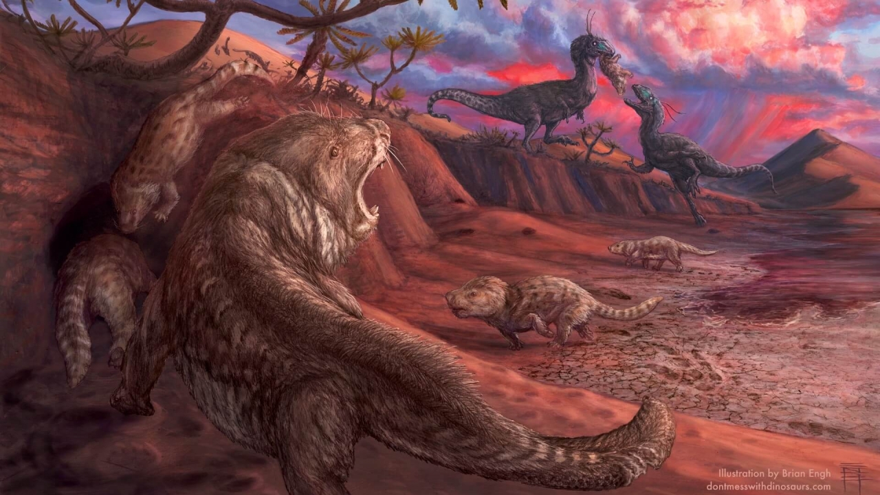 A painting depicting an Early Jurassic scene from the Navajo Sandstone desert.