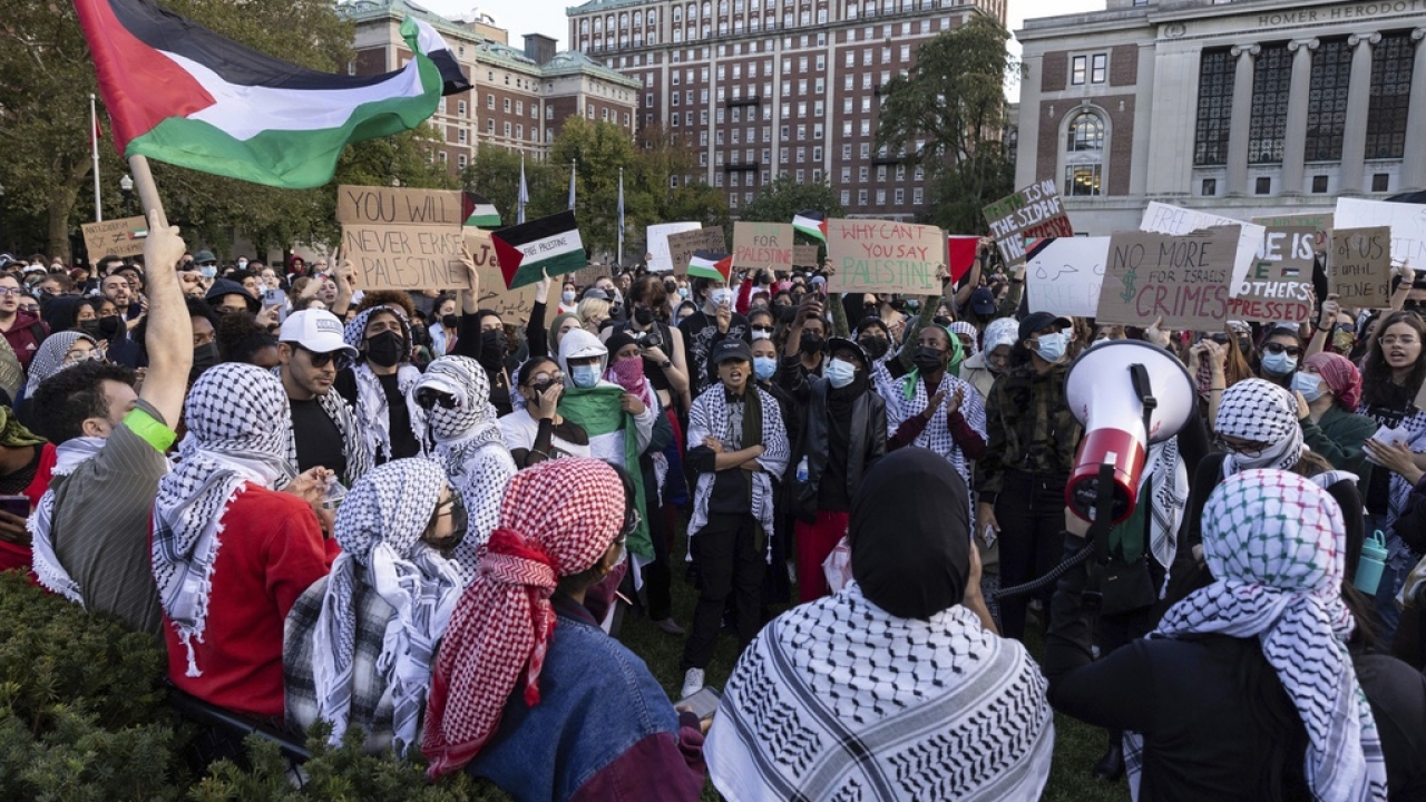 Pro-Palestinians demonstrators gather for a protest at Columbia University.