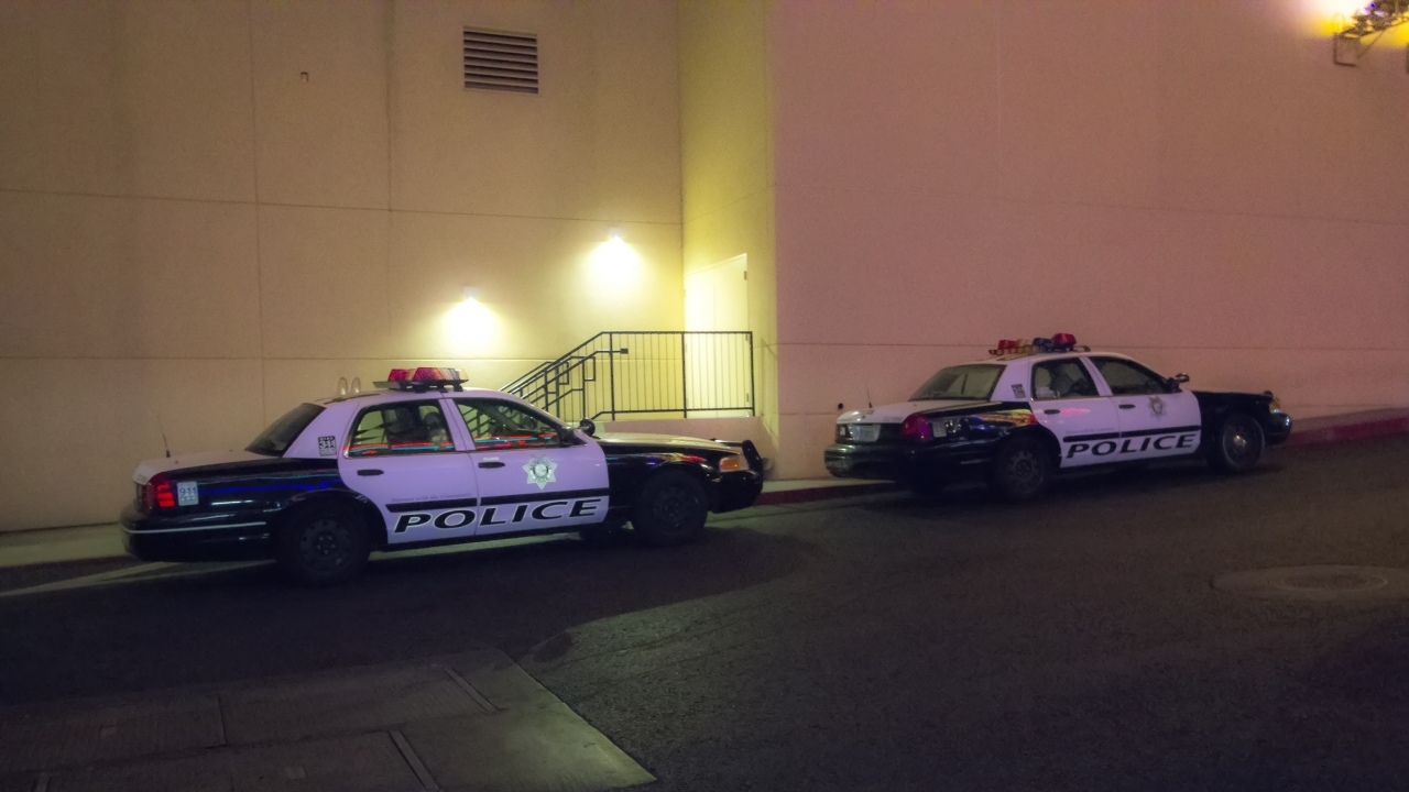 Two Las Vegas police cars outside a building
