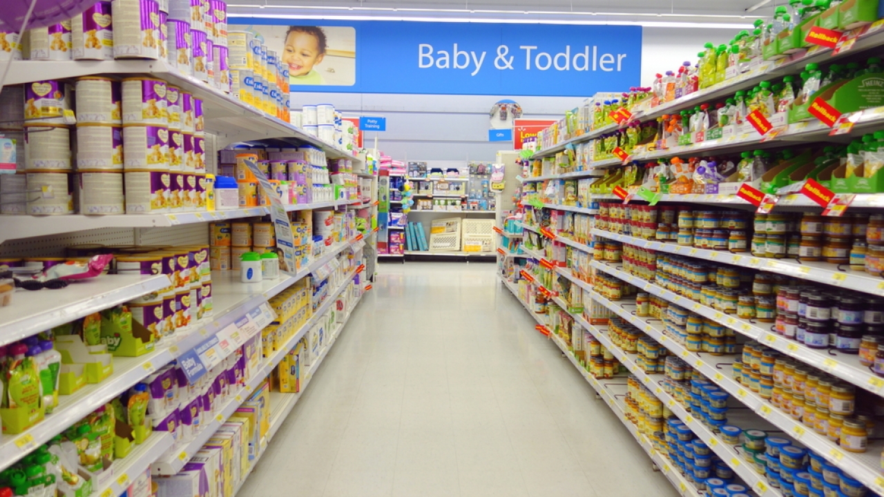 A baby and toddler food aisle at Walmart.