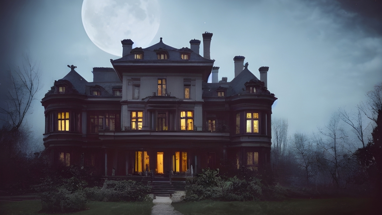 Full moon over a large, creepy house