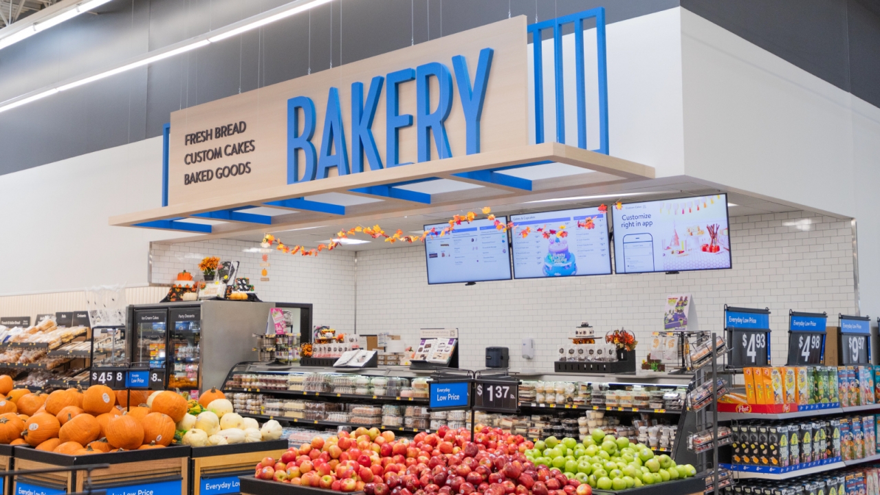 A Walmart bakery and produce section in a redesigned store.