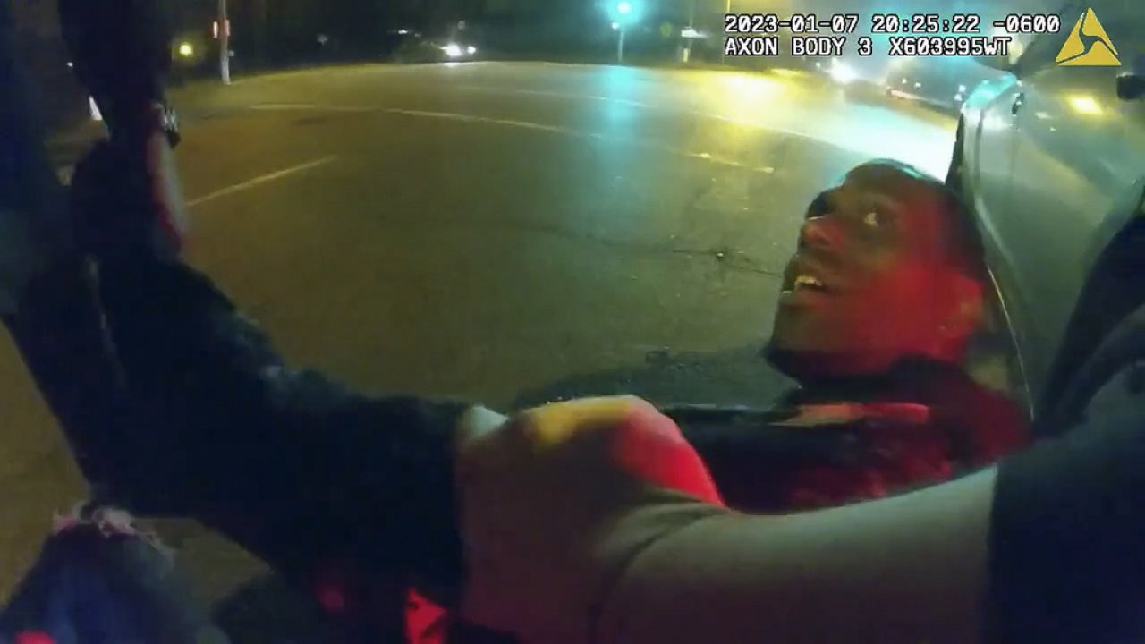 Still image from bodycam video shows Tyre Nichols during an attack by five Memphis police officers.