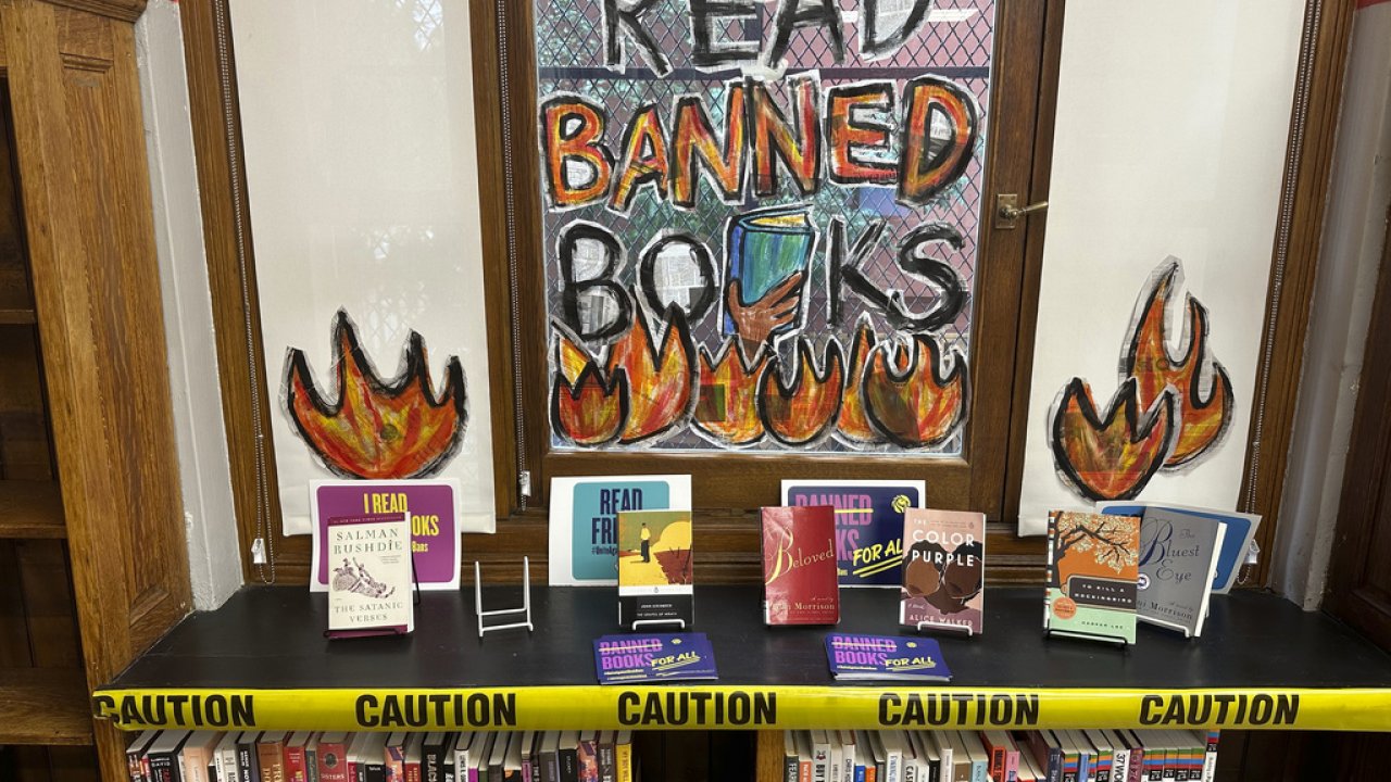 Banned books on display at a New York Public Library branch in New York City