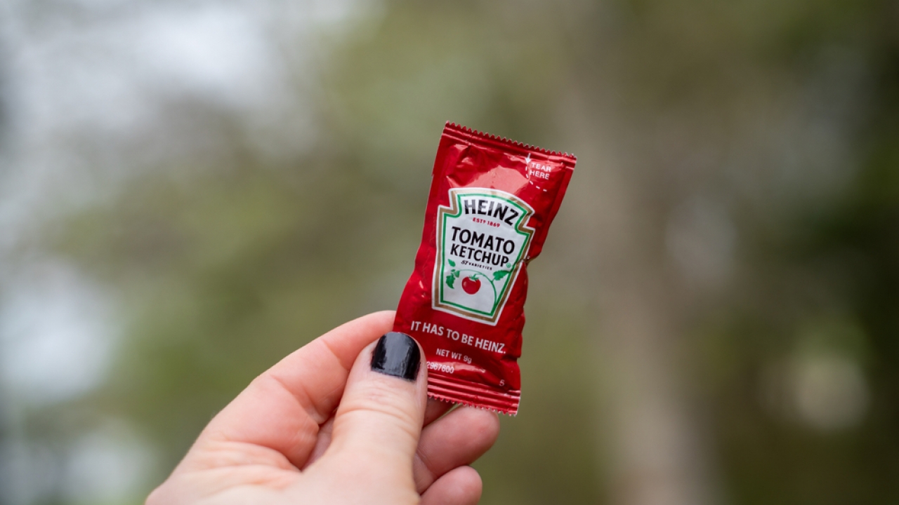 A person holds a Heinz Tomato Ketchup packet in their fingers.