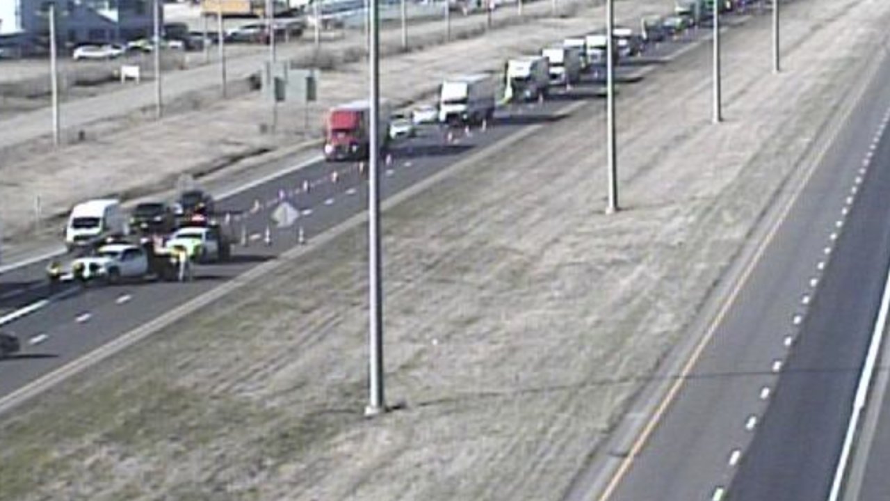 Traffic backs up near area where a semi collided with a bus in Ohio.