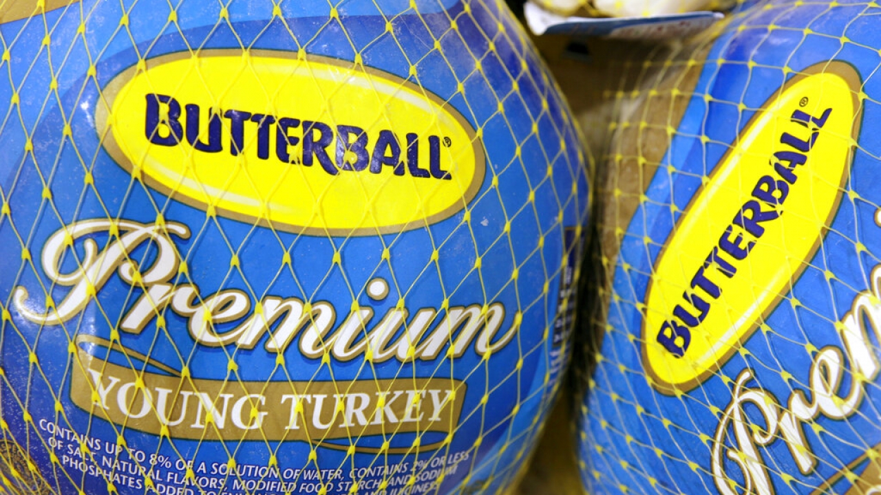 Butterball frozen turkeys are on display at a Heinen's grocery store.