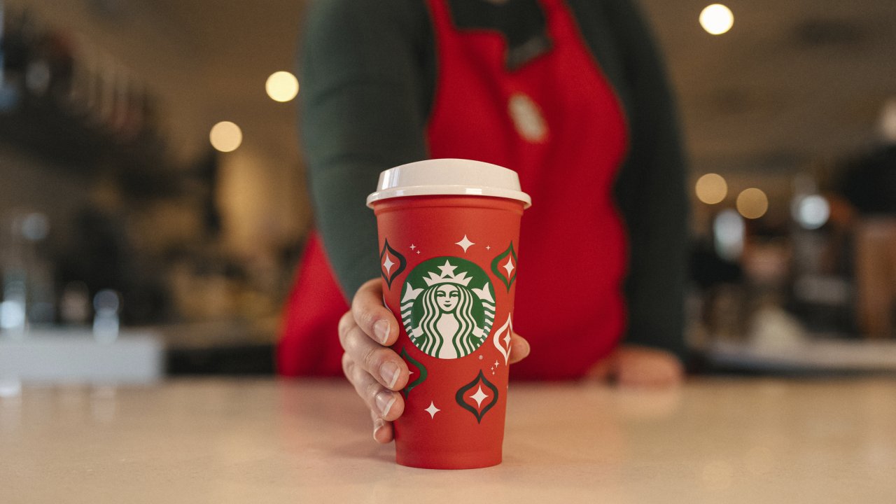 The Starbucks red reusable holiday cup.
