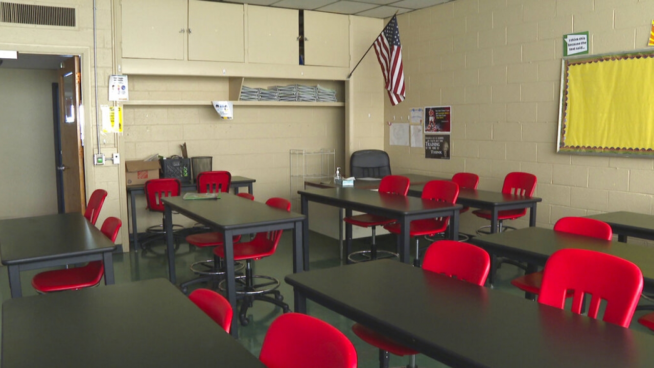 An empty classroom is shown at David Ellis Academy in Detroit.