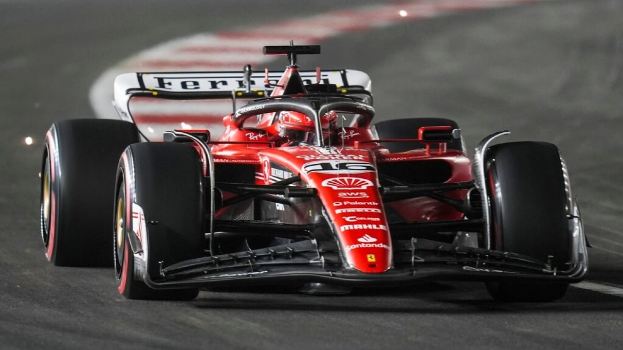 Ferrari driver Charles Leclerc, of Monaco, drives during qualifications for the Formula One Las Vegas Grand Prix.