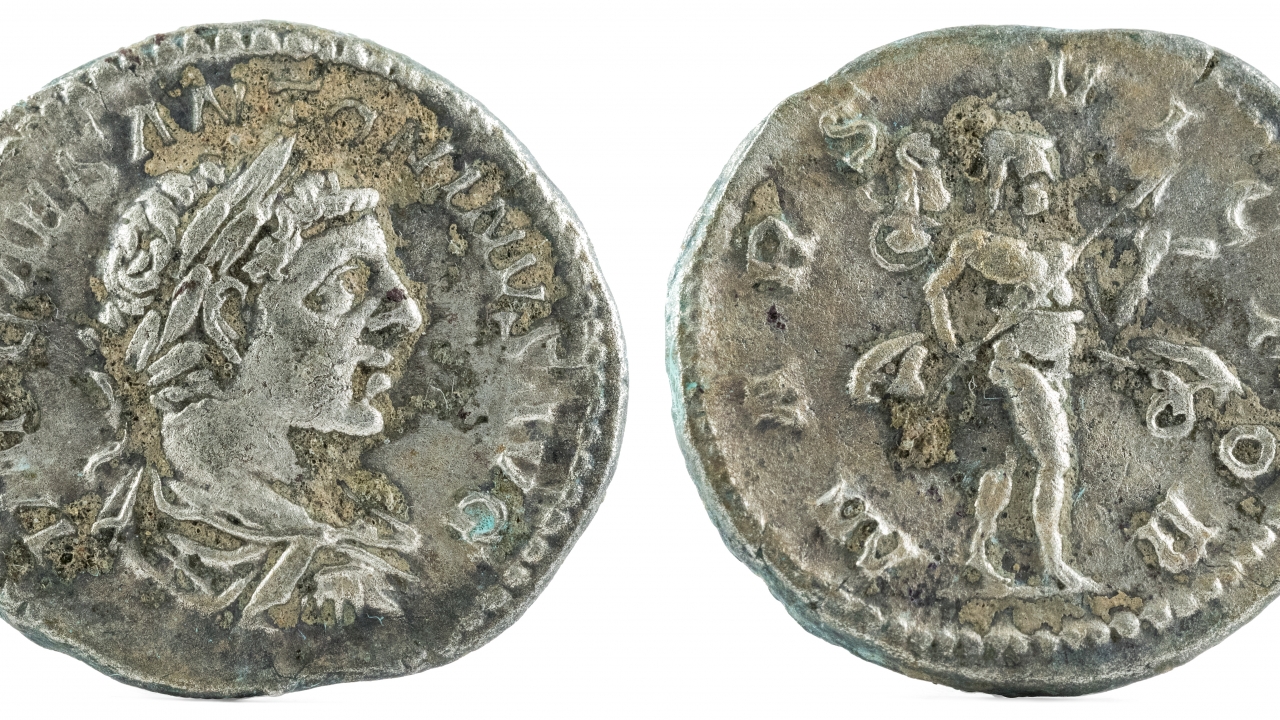 Ancient Roman silver denarius coin of Emperor Elagabalus.
