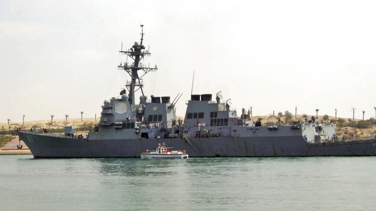 U.S. destroyer USS Mason sails in the Suez canal in Ismailia, Egypt.