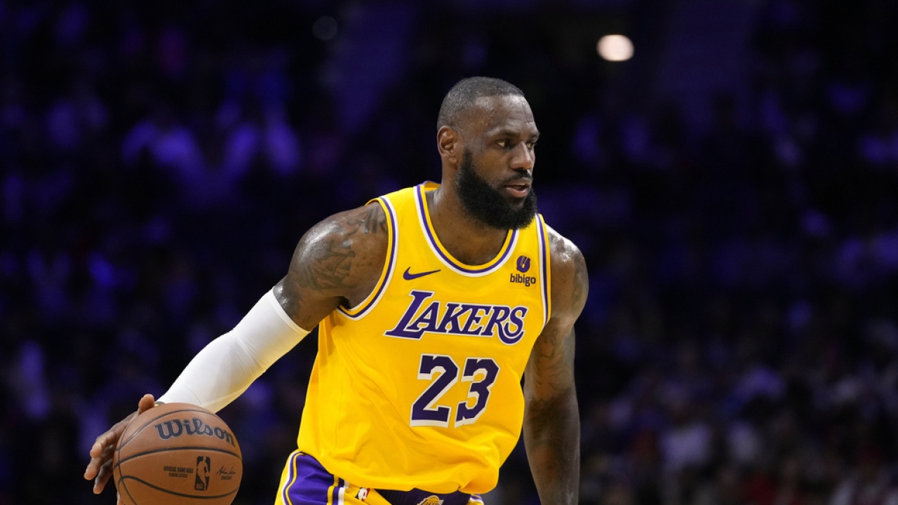 Los Angeles Lakers' LeBron James plays during an NBA basketball game.
