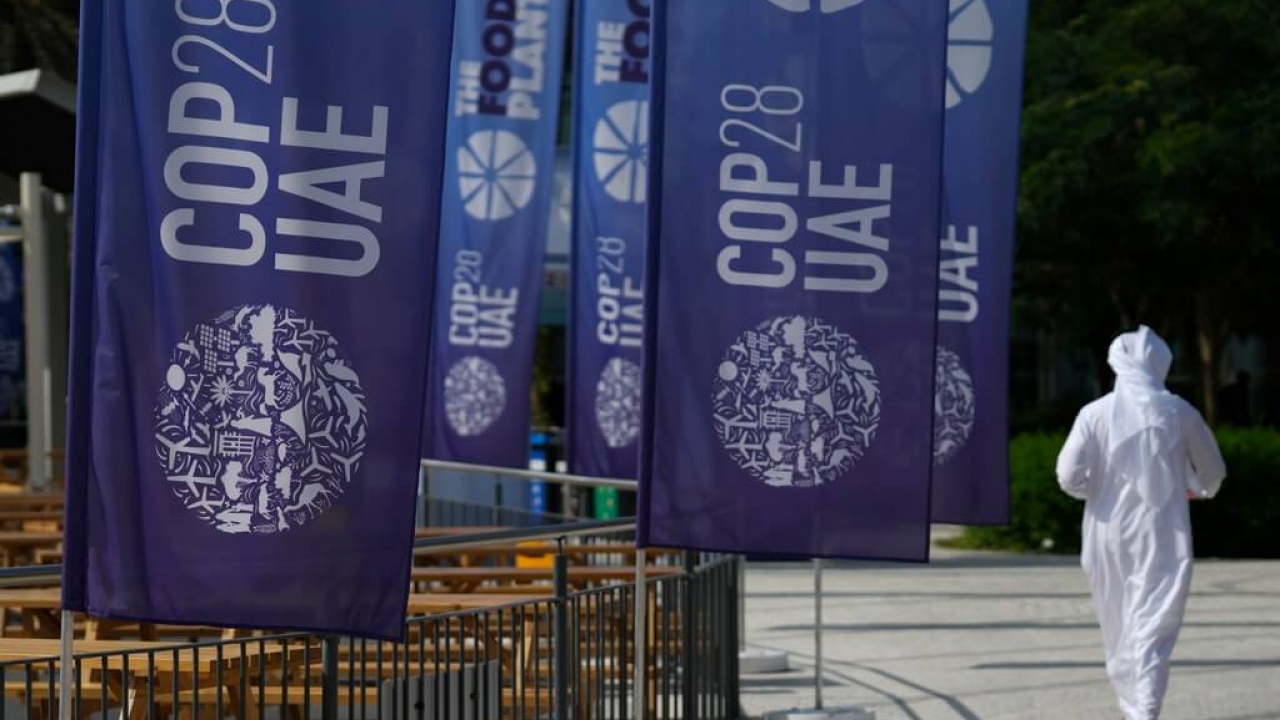 Banners for the COP28 climate conference in Dubai