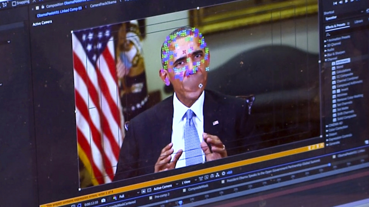 This image made from video of a fake video featuring former President Barack Obama shows elements of facial mapping.