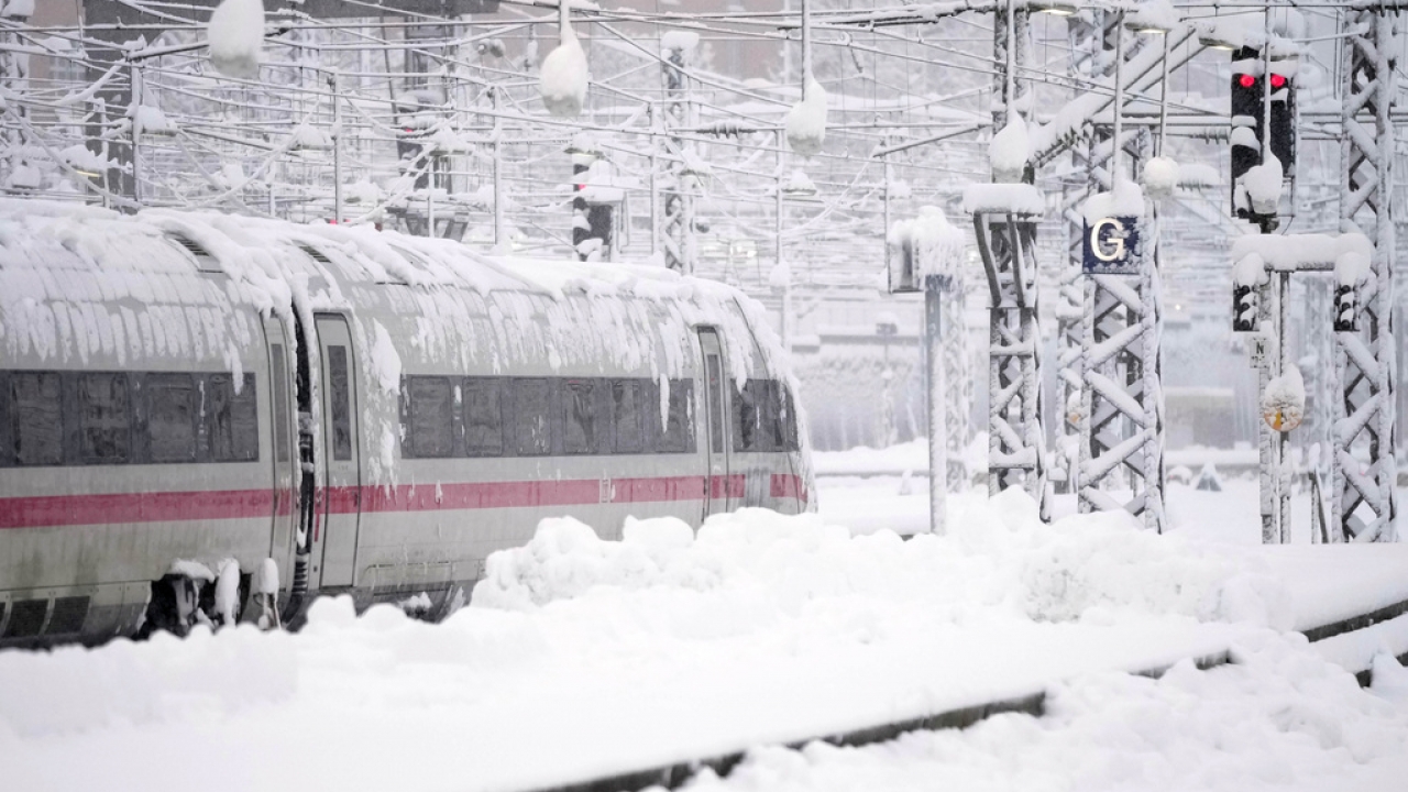 A train is parked at the central station after heavy snow fall in Munich, Germany, Saturday, Dec. 2, 2023.